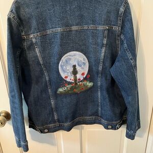 Embroidered Denim Jacket with Cat, Moon & Poppies Design